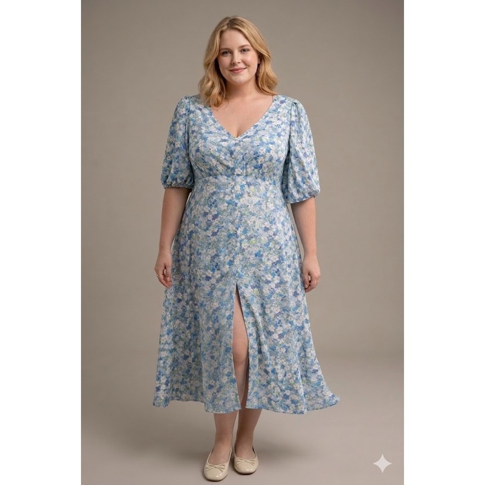 Emma & Michelle 2X Floral Midi Dress Puff Sleeve Cottagecore Boho Blue